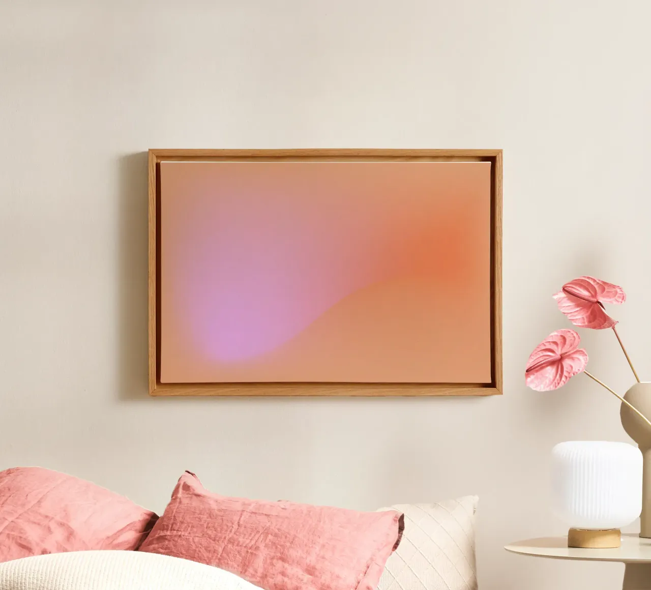 Perzik Roze Gradiënt Aura - Moderne Abstracte Muurkunst Print canvas met Baklijst van NorwesClub