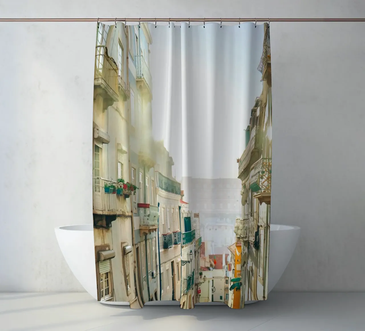 Lisbon Apartments shower curtain by KISSA STUDIO