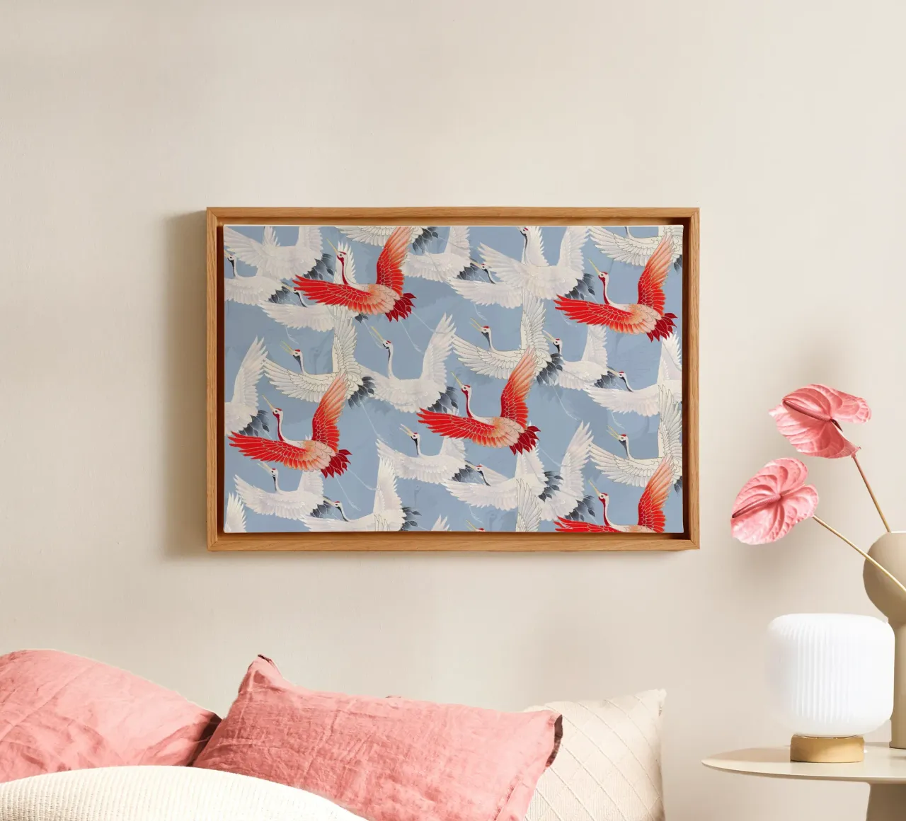 Red-Crowned Cranes Pattern - Japanese Ukiyo-e Inspired Art canvas with Floater frame by NorwesClub