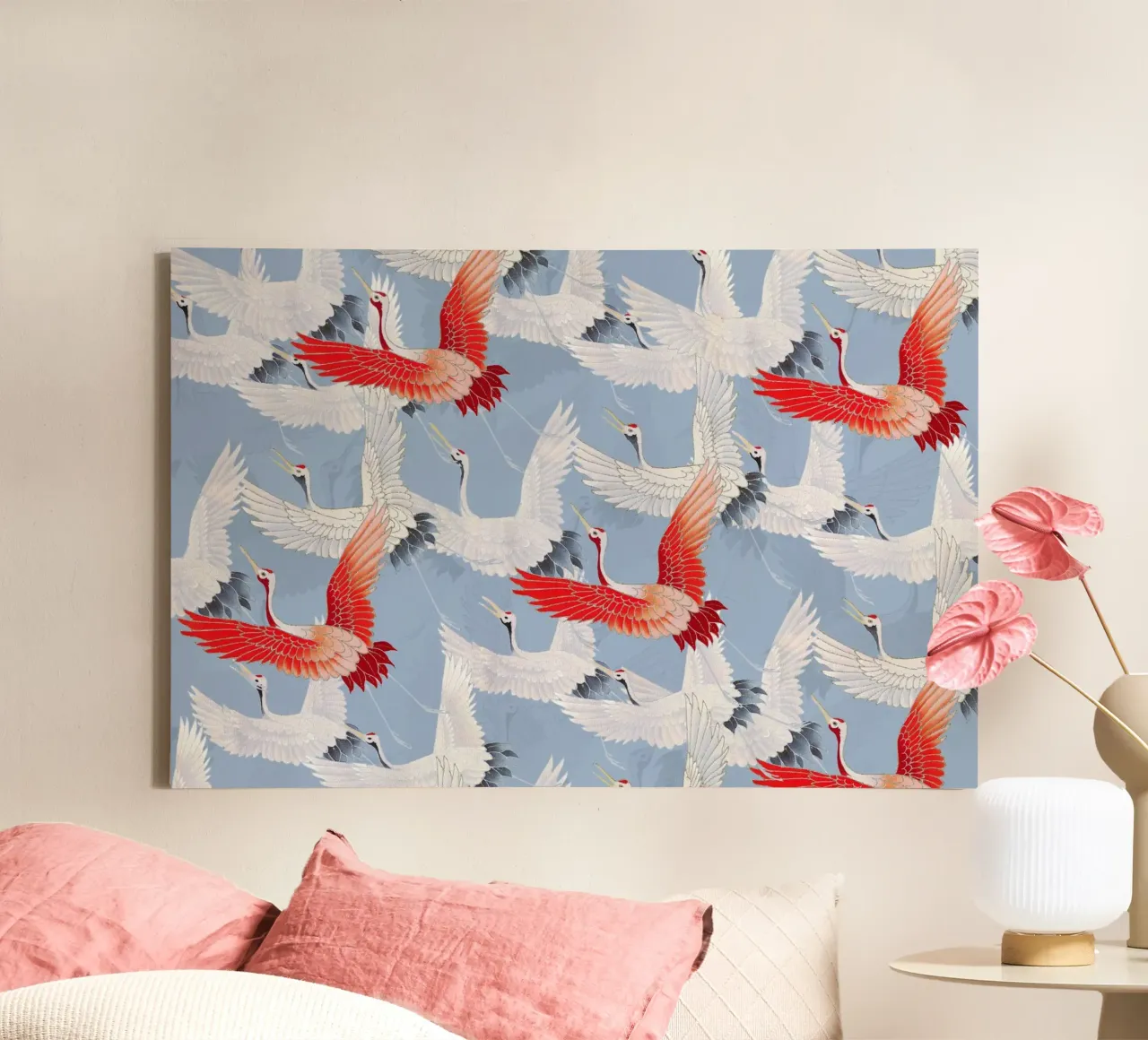Red-Crowned Cranes Pattern - Japanese Ukiyo-e Inspired Art canvas with Floater frame by NorwesClub