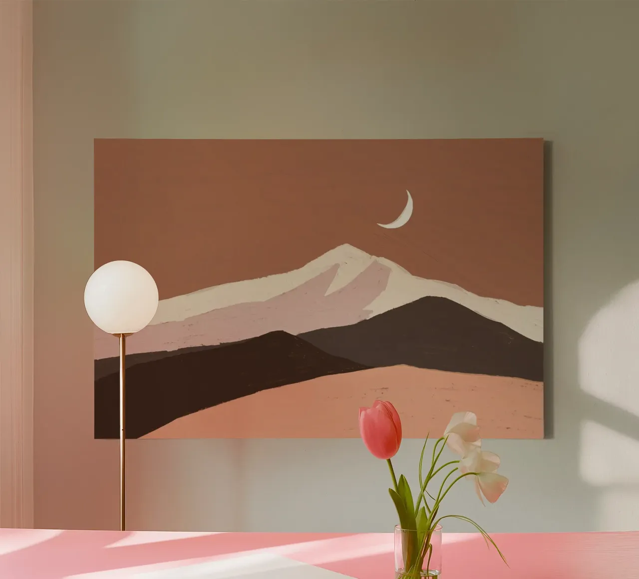 Desert Moon Mountain - Minimalistisch landschap in aardetinten canvas met Baklijst van NorwesClub