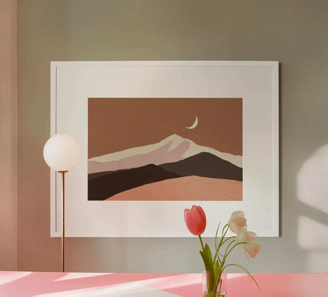 Desert Moon Mountain - Minimalistisch landschap in aardetinten poster van NorwesClub