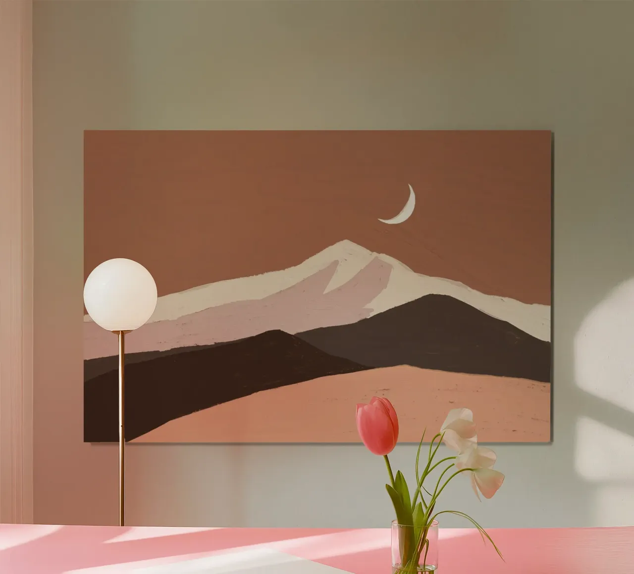 Desert Moon Mountain - Minimalistisch landschap in aardetinten poster van NorwesClub