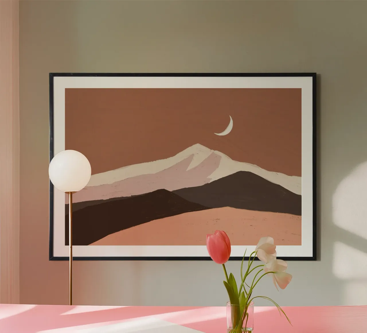 Desert Moon Mountain - Minimalistisch landschap in aardetinten poster van NorwesClub