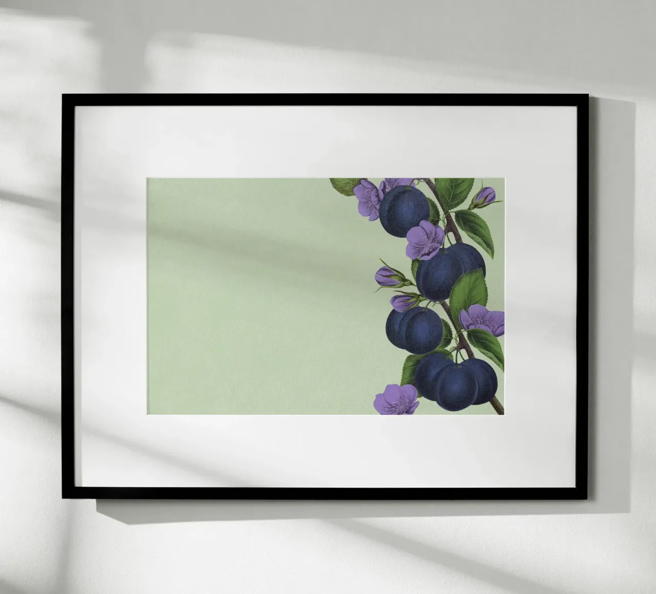 Ramo di prugne e fiori d'epoca - Arte botanica da parete per la cucina poster con telaio in legno da NorwesClub