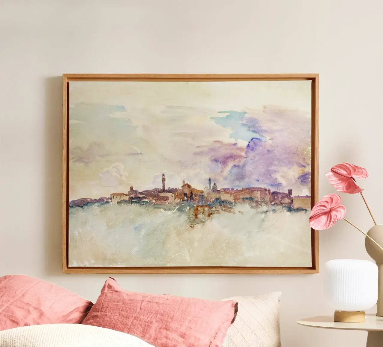 Dageraad in de Toscaanse heuvels - Impressionistisch aquarel stadsgezicht canvas met Baklijst van NorwesClub