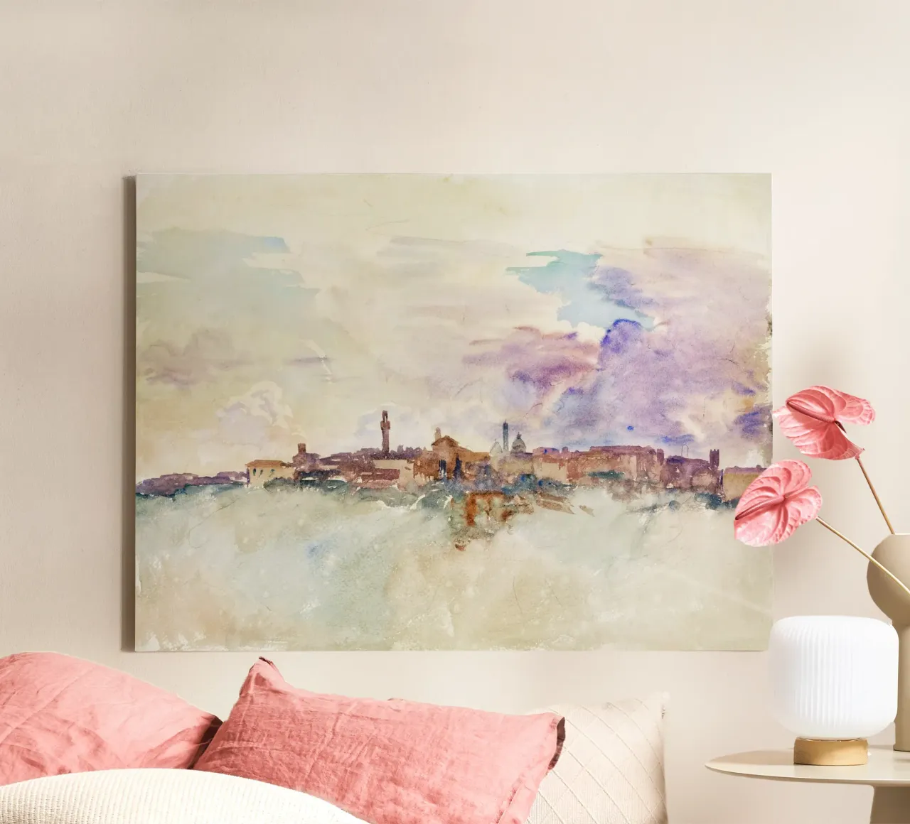 Dageraad in de Toscaanse heuvels - Impressionistisch aquarel stadsgezicht canvas met Baklijst van NorwesClub