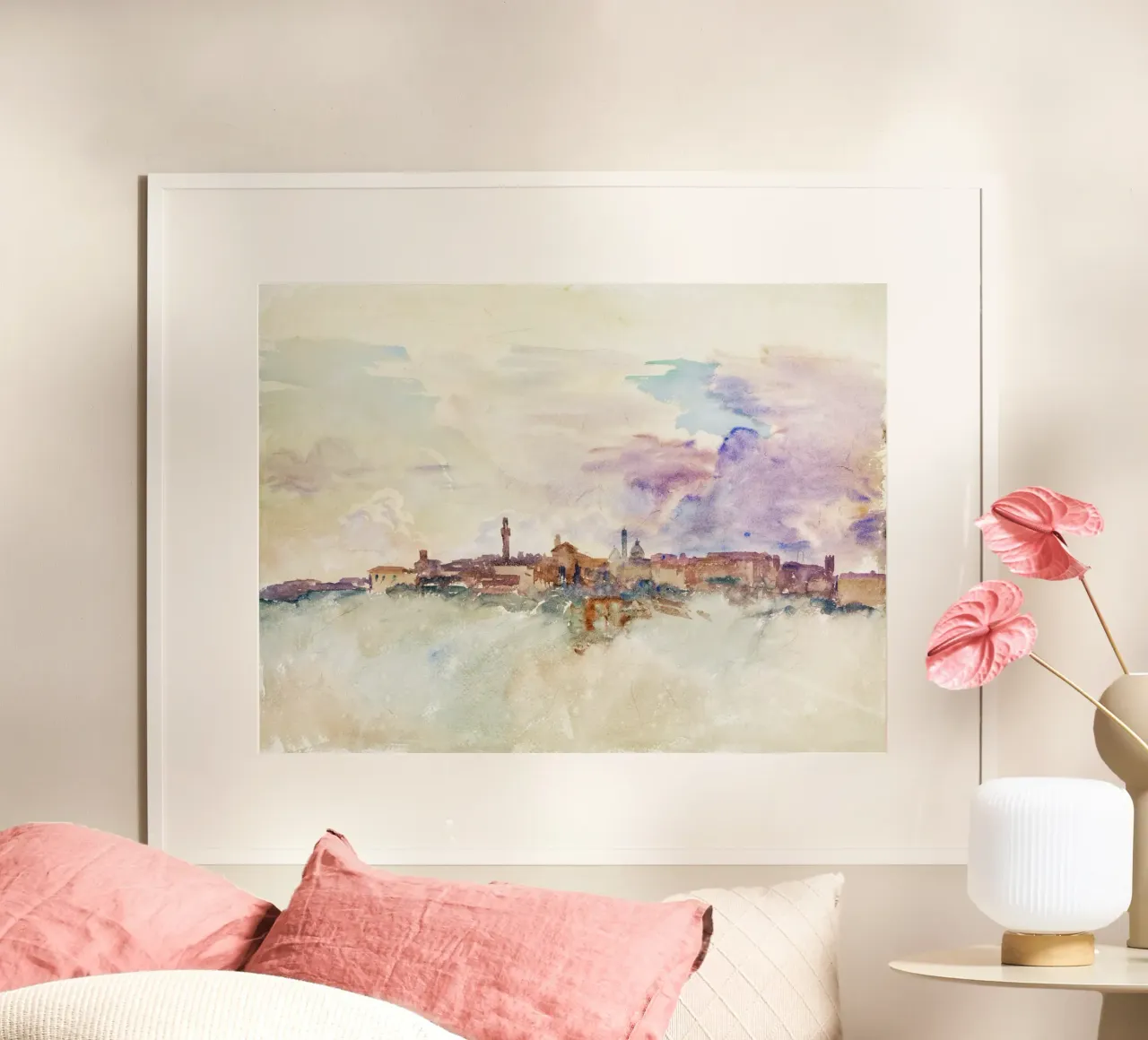 Alba di una città collinare toscana - Paesaggio urbano ad acquerello impressionista poster da NorwesClub