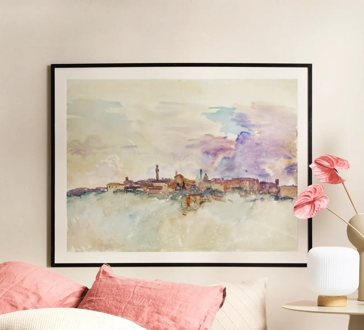 Alba di una città collinare toscana - Paesaggio urbano ad acquerello impressionista poster da NorwesClub