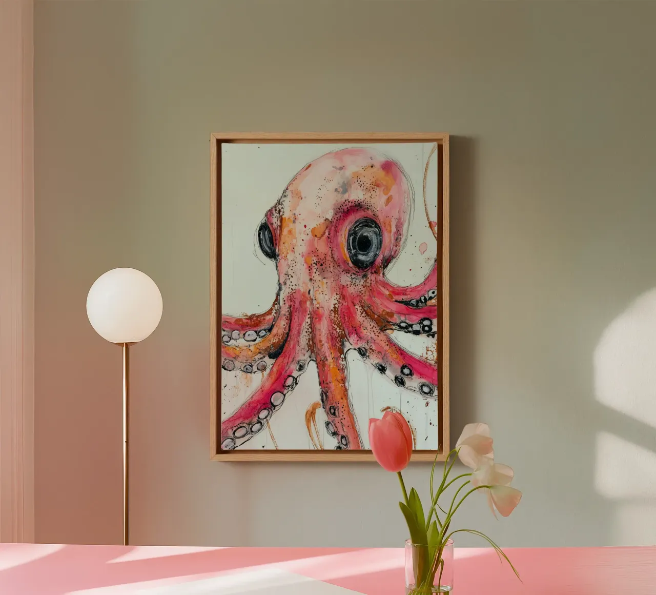 Rosa Oktopus Tier Kunst Leinwand mit Schattenfugenrahmen von Justyna Jaszke JBJart