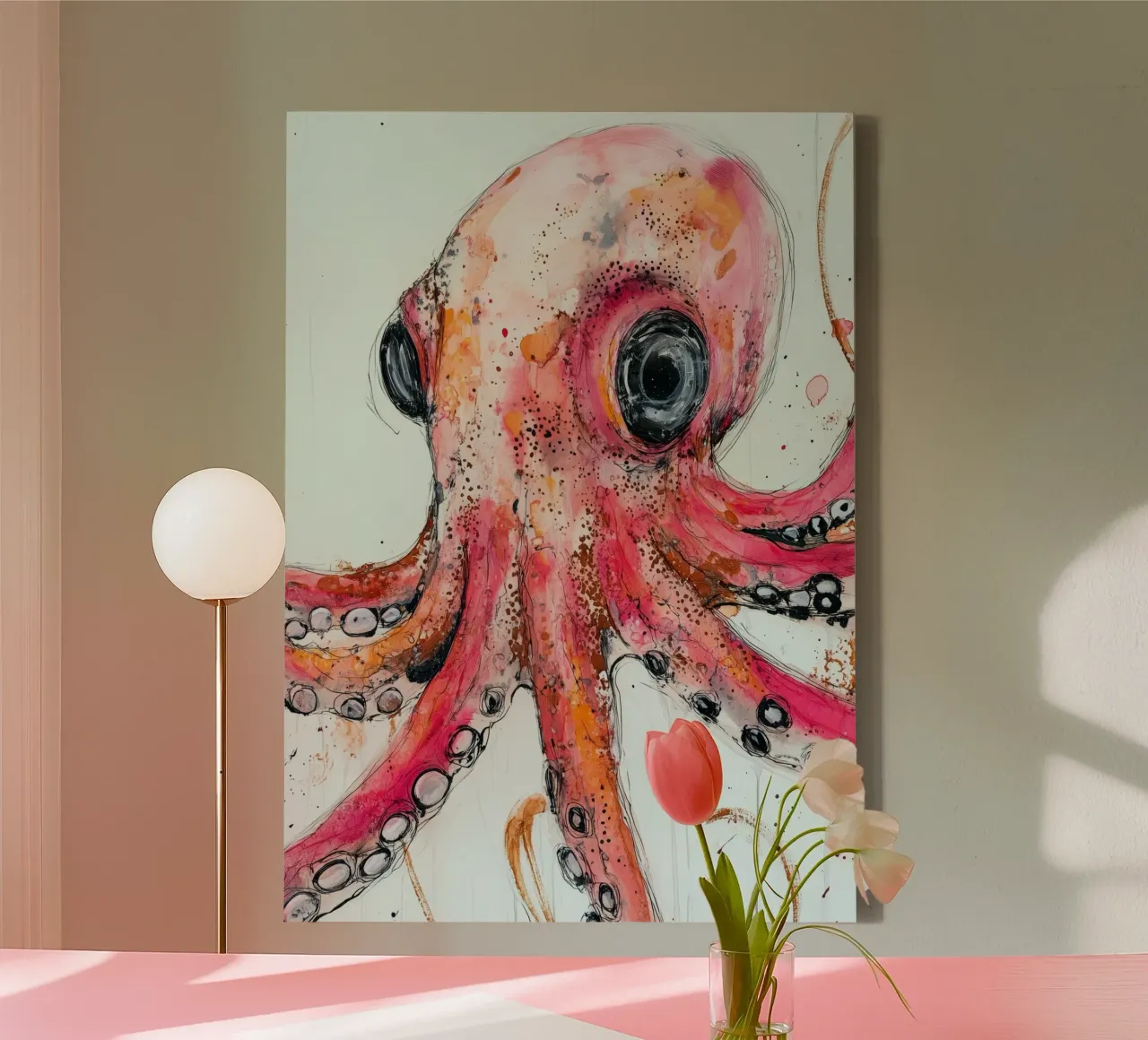 Rosa Oktopus Tier Kunst Leinwand mit Schattenfugenrahmen von Justyna Jaszke JBJart