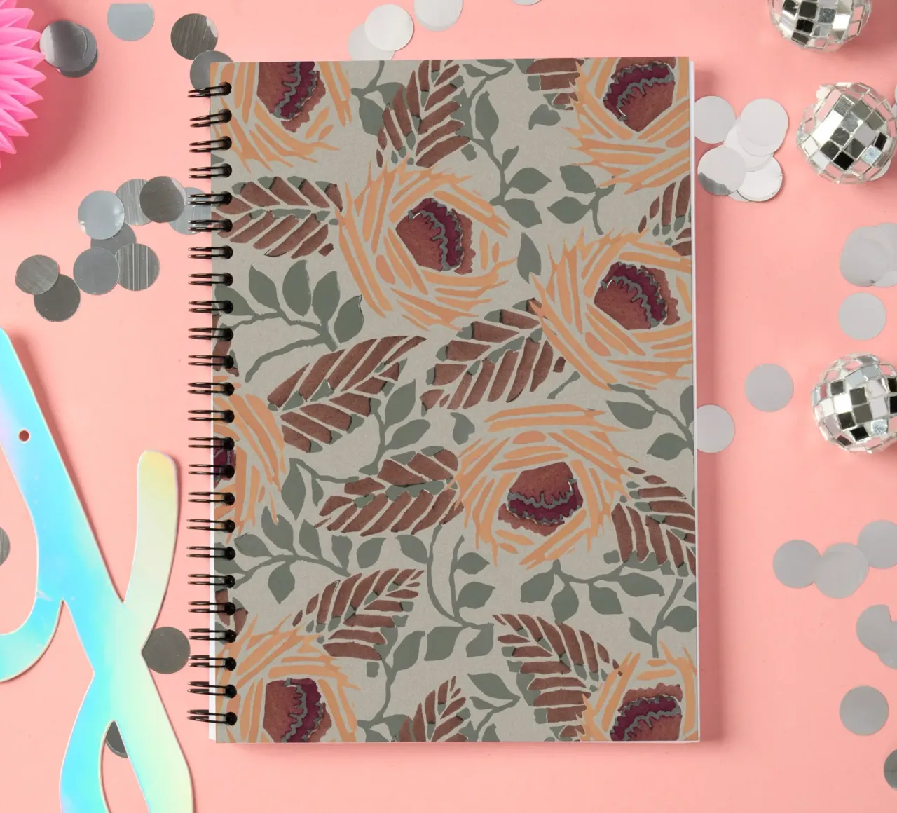 Rustic Orange Floral Pattern - Earthy Botanical Art Print spiral notebook by NorwesClub