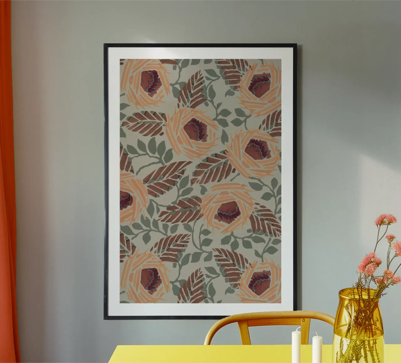 Rustic Orange Floral Pattern - Earthy Botanical Art Print hahnemühle by NorwesClub