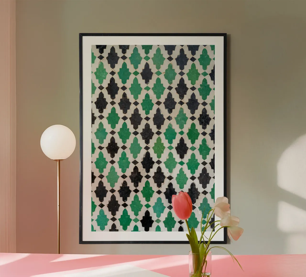 Green and black Moroccan tiles poster con telaio in alluminio da photolovers