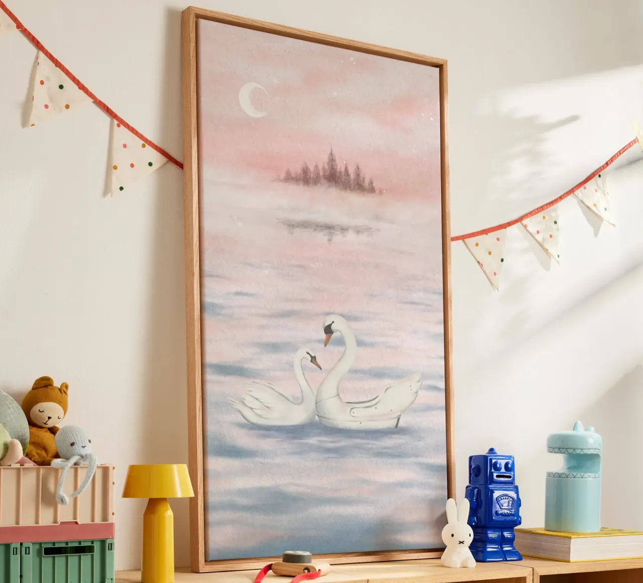 Zwanen en kasteel schemering - dromerige pastel Fantasy kunst canvas met Baklijst van NorwesClub