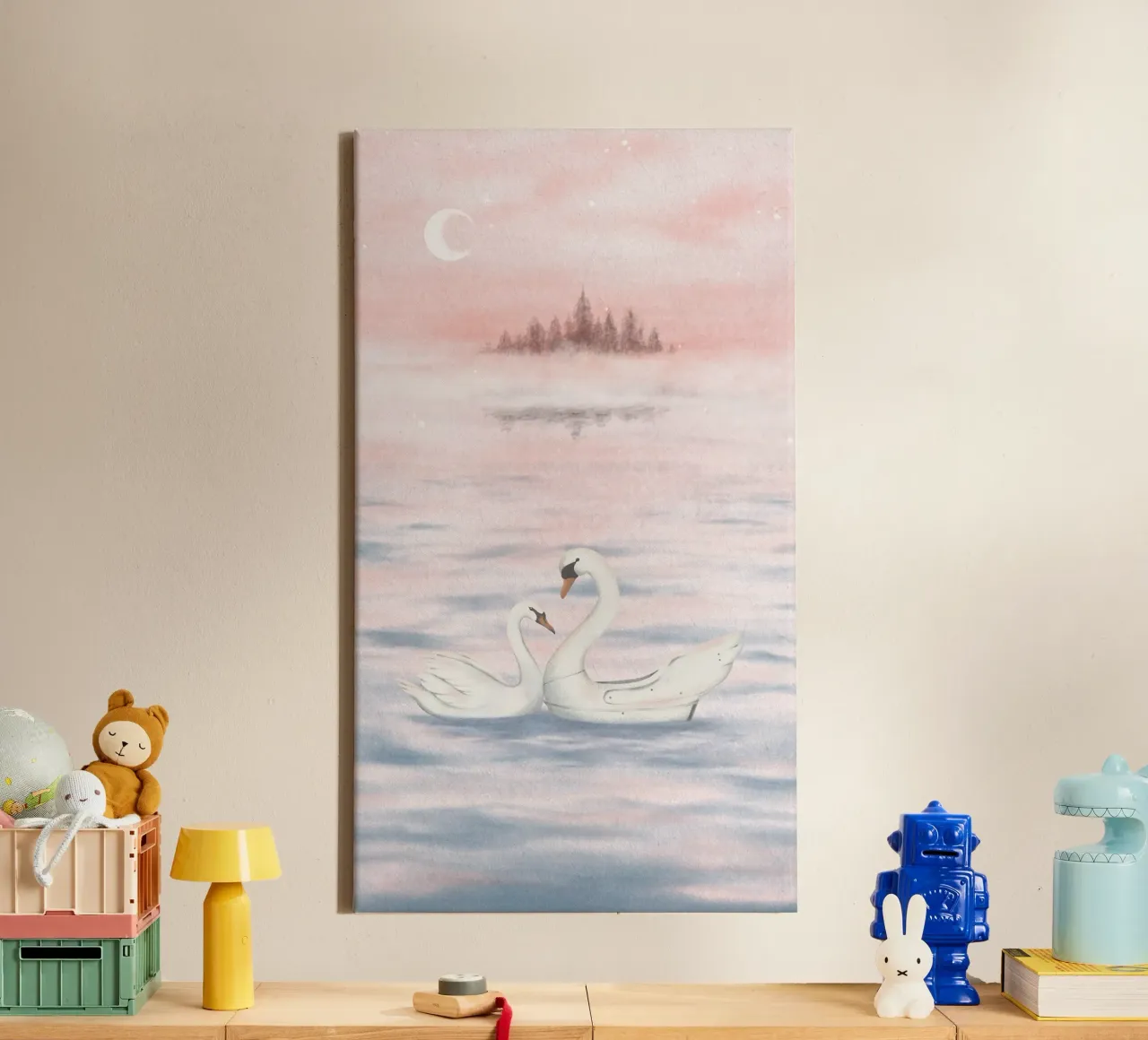 Zwanen en kasteel schemering - dromerige pastel Fantasy kunst canvas met Baklijst van NorwesClub