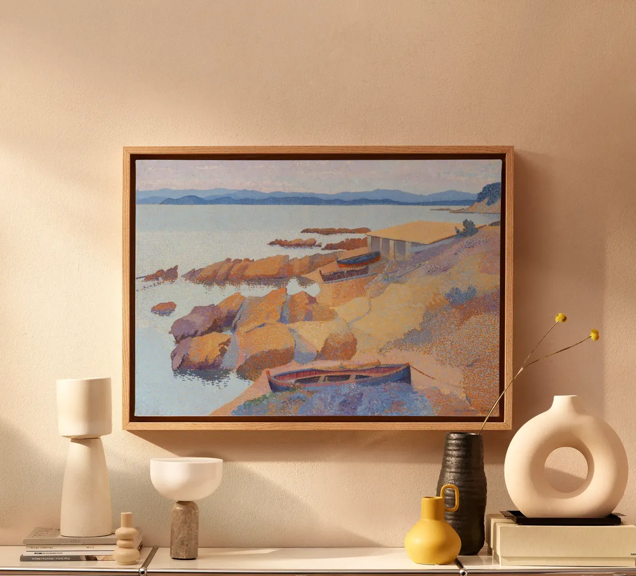 Boten op het strand van Henri-Edmond Cross - Pointillistisch zeegezicht canvas met Baklijst van NorwesClub