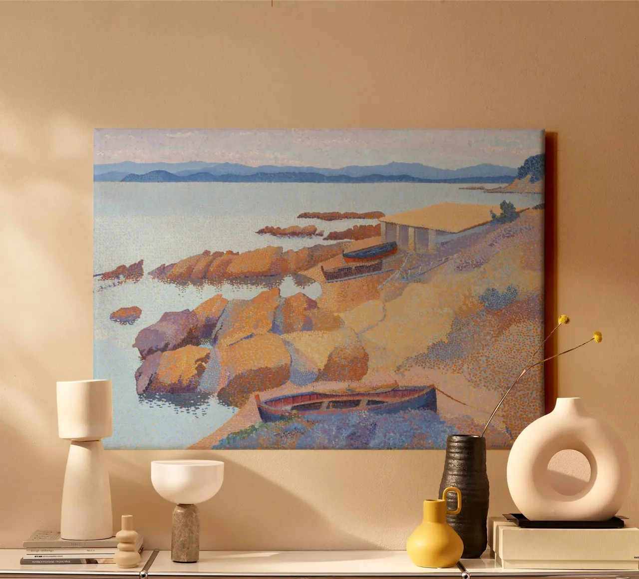 Boten op het strand van Henri-Edmond Cross - Pointillistisch zeegezicht canvas met Baklijst van NorwesClub