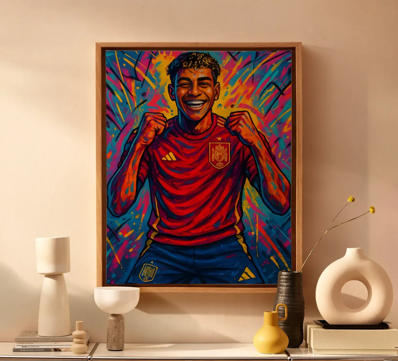 Lamine Yamal Glückliche Kunst Leinwand mit Schattenfugenrahmen von BONANZA