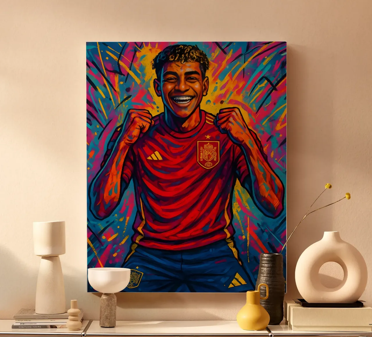Lamine Yamal Glückliche Kunst Leinwand mit Schattenfugenrahmen von BONANZA