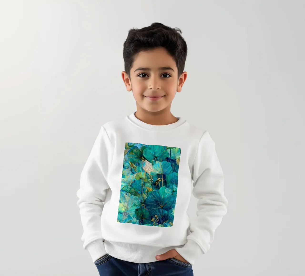 Green leaves kids sweatshirt by Justyna Jaszke JBJart