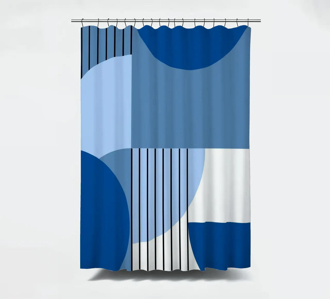 Geometrie in blauw - verticale compositie in Bauhaus-stijl douchegordijn van Casa Calm