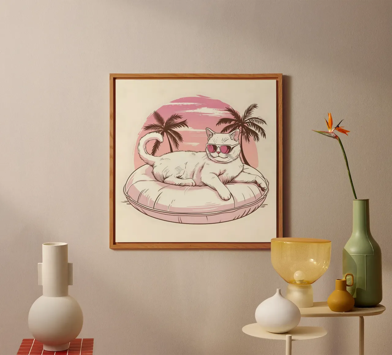 Katze im Schwimmreifen am Pool alu-dibond by WILD ART