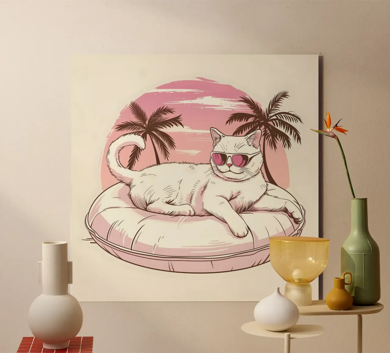 Katze im Schwimmreifen am Pool alu-dibond by WILD ART