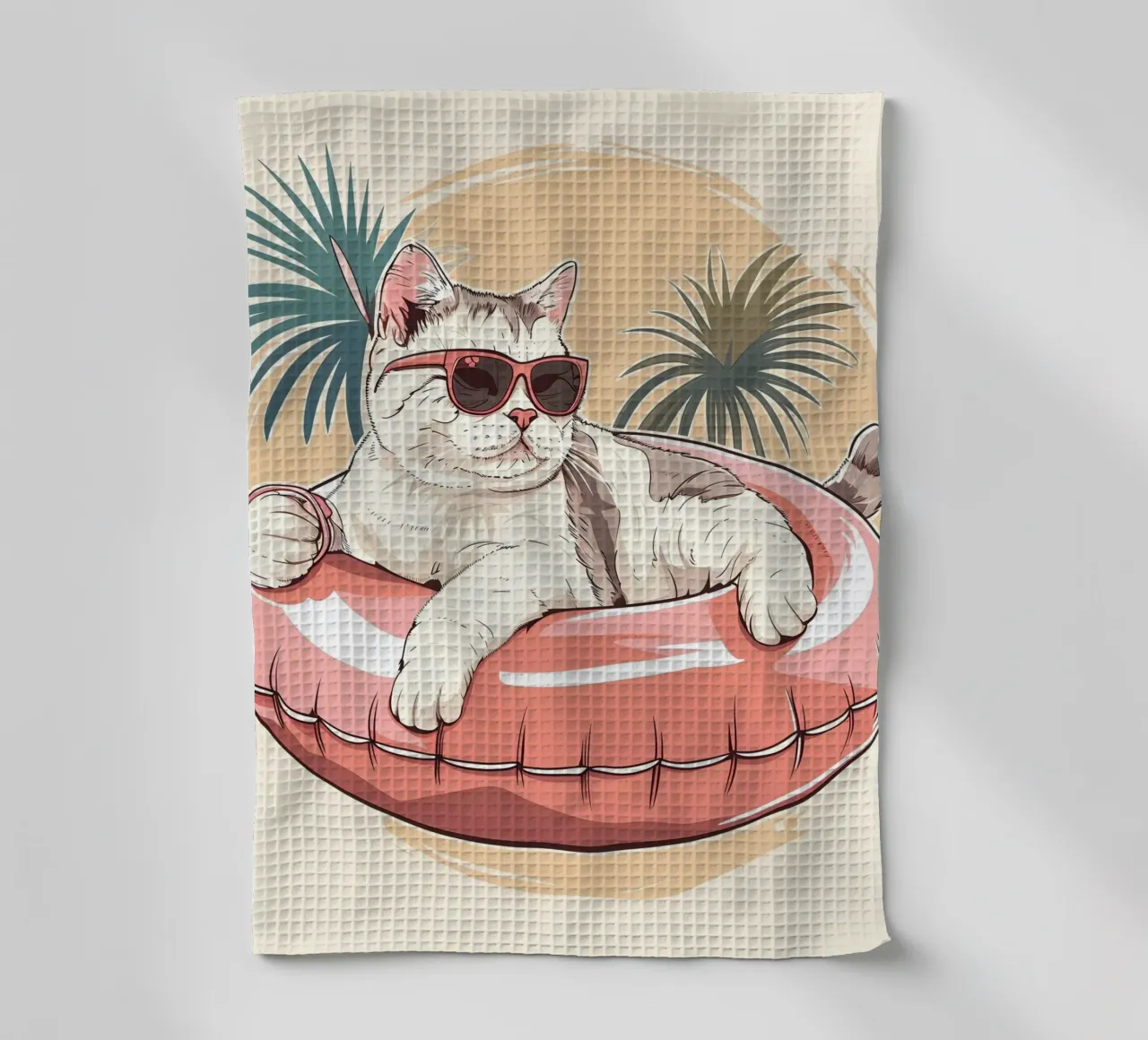 Katze mit Sonnenbrille im Schwimmring theedoek van WILD ART
