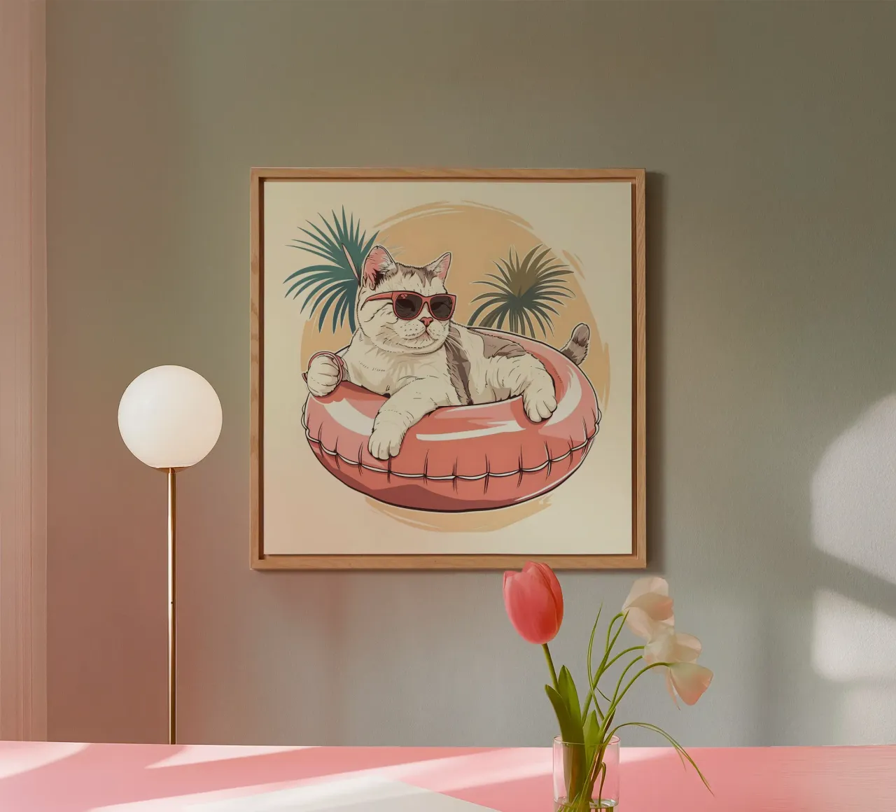 Katze mit Sonnenbrille im Schwimmring alu-dibond by WILD ART