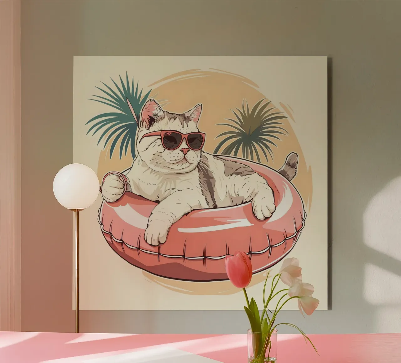 Katze mit Sonnenbrille im Schwimmring alu-dibond by WILD ART