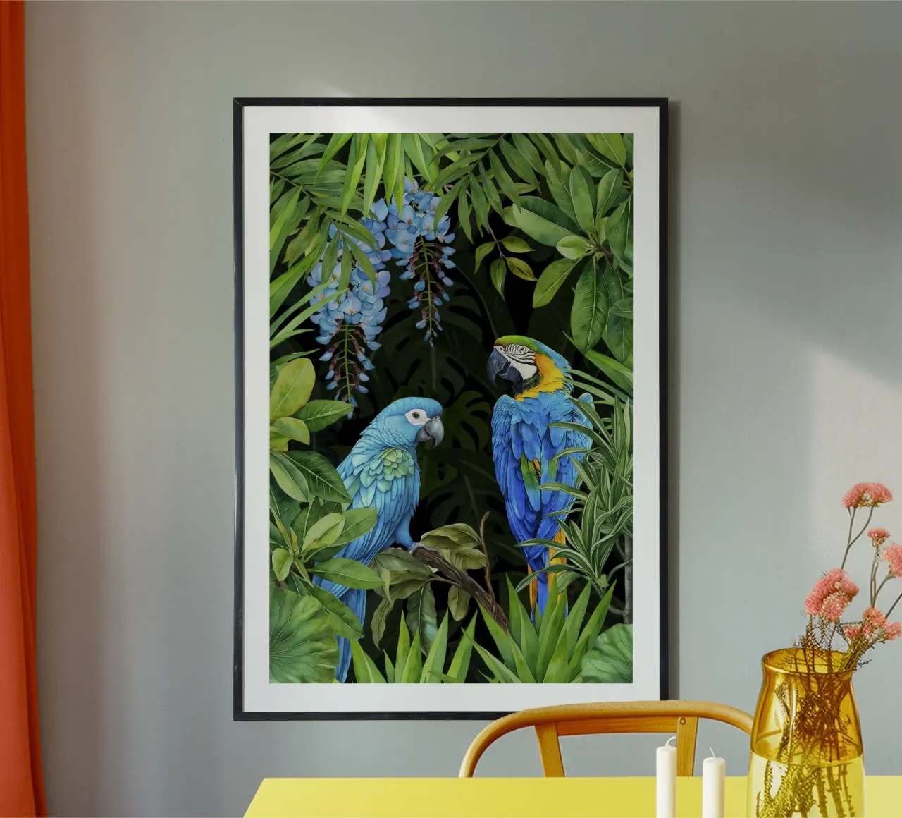 Acquerello blu tropicale Pappagalli nel baldacchino poster con telaio in alluminio da Andrea Haase Modern Home
