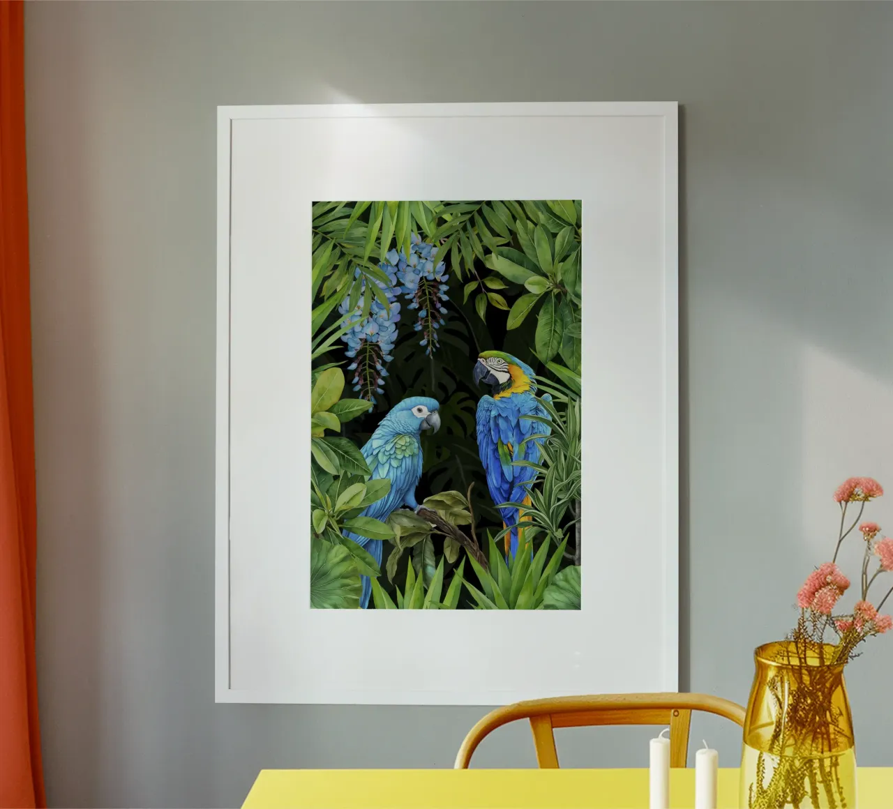 Acquerello blu tropicale Pappagalli nel baldacchino poster con telaio in alluminio da Andrea Haase Modern Home