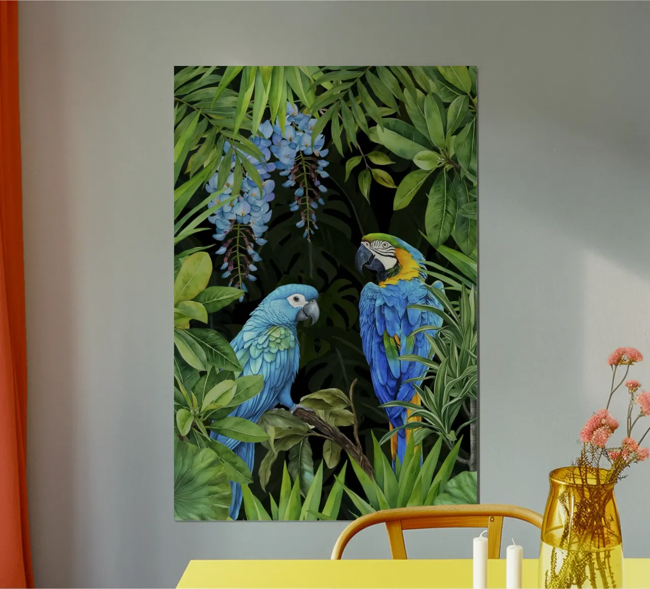 Acquerello blu tropicale Pappagalli nel baldacchino poster con telaio in alluminio da Andrea Haase Modern Home