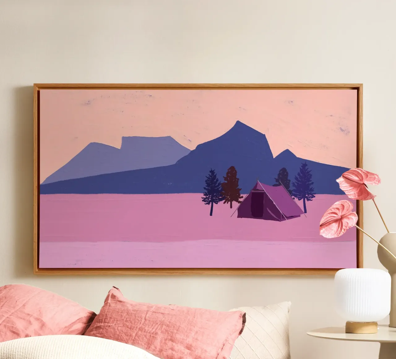 Twilight Mountain Camping - Minimalistische Boho Landschapskunst canvas met Baklijst van NorwesClub