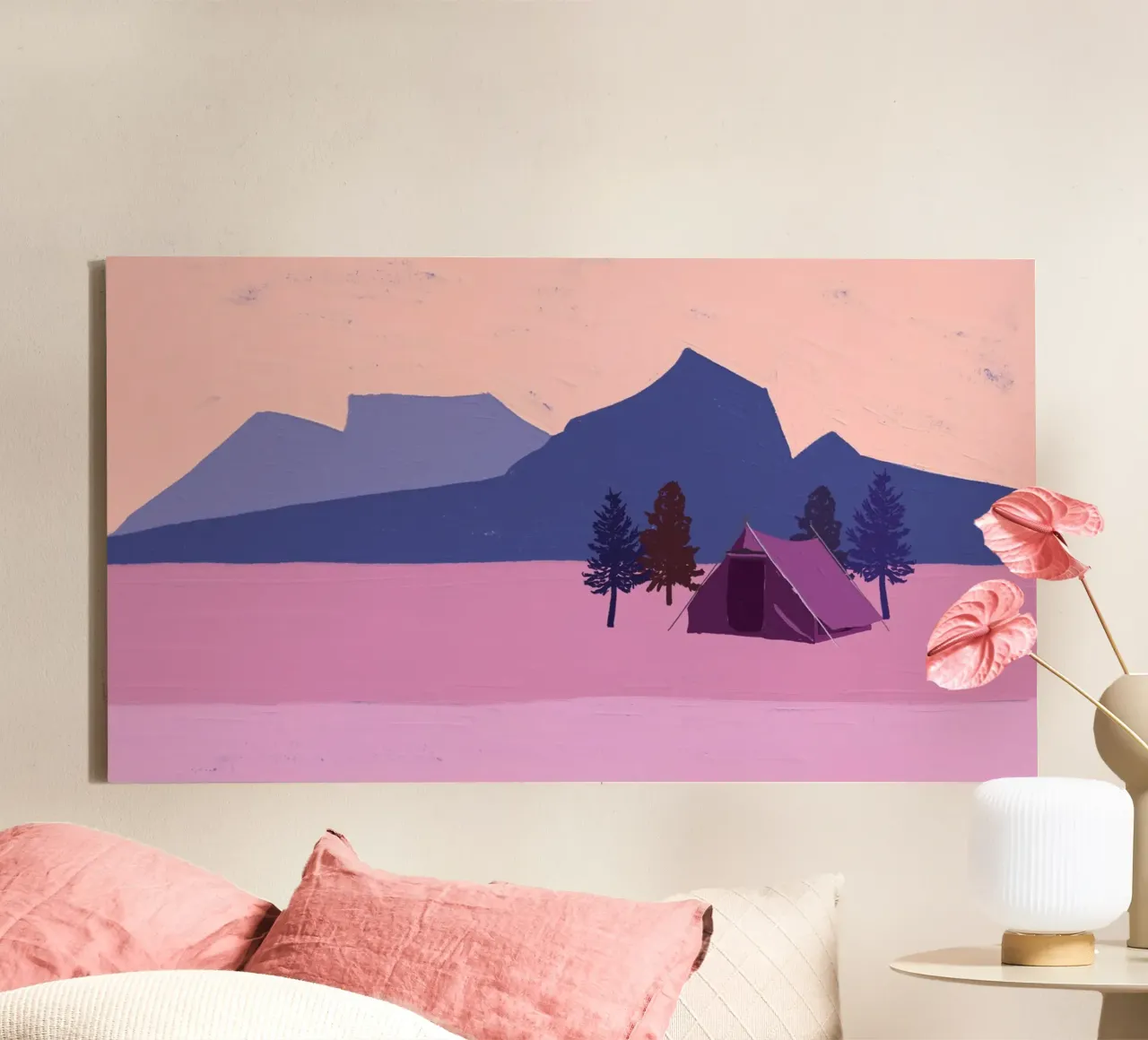Twilight Mountain Camping - Minimalistische Boho Landschapskunst canvas met Baklijst van NorwesClub