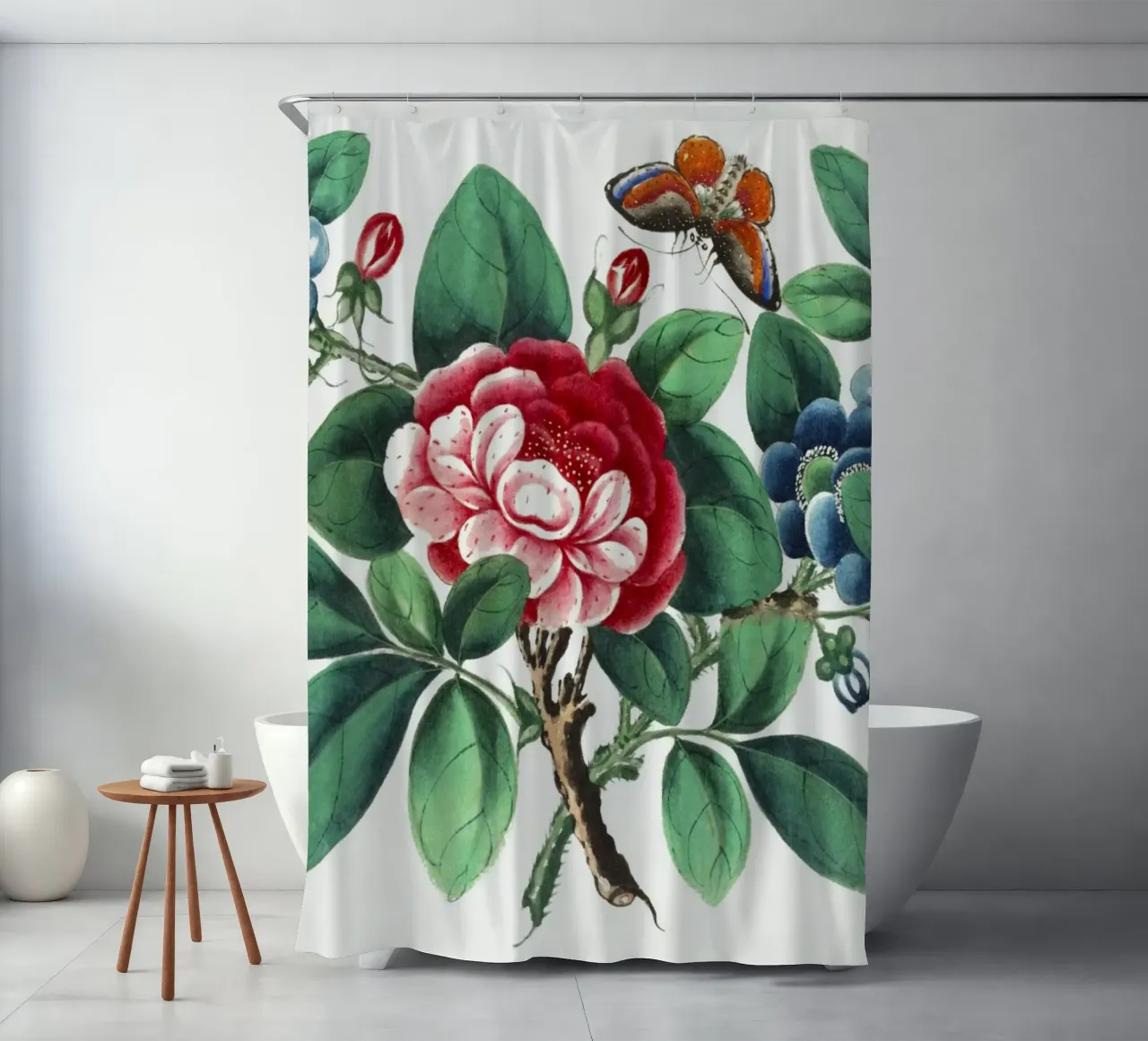 19e-eeuwse Chinese schildering van bloemen en vlinders douchegordijn van Venus Art