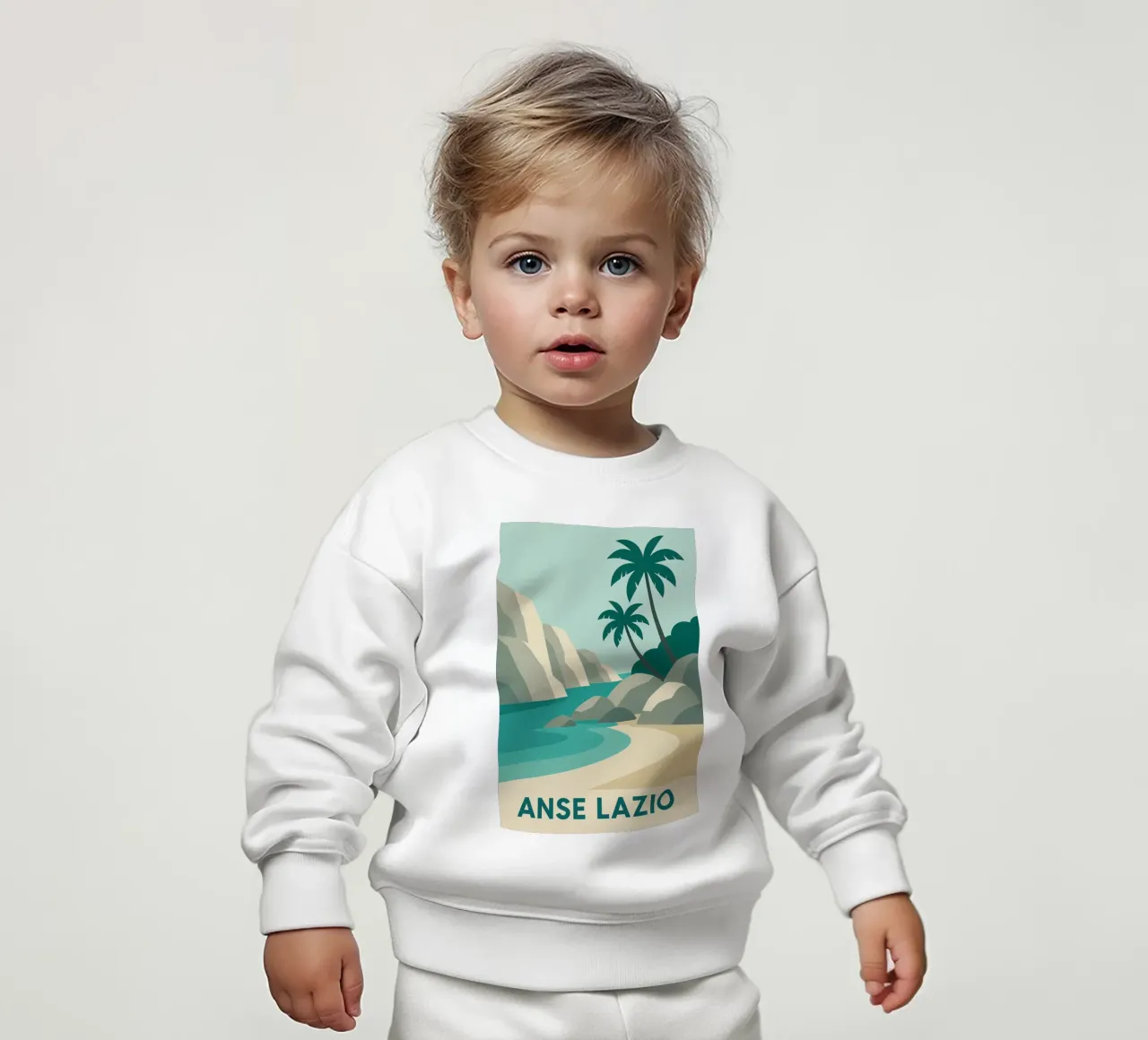 Anse Lazio - Grafica seicellese e colori sublimi felpa neonato da JETLAG | affiches voyage
