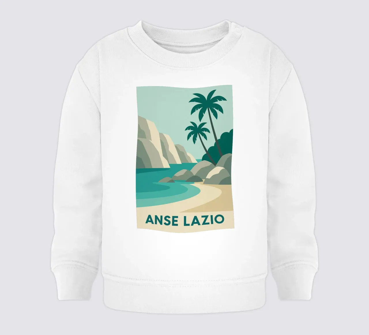 Anse Lazio - Grafica seicellese e colori sublimi felpa neonato da JETLAG | affiches voyage
