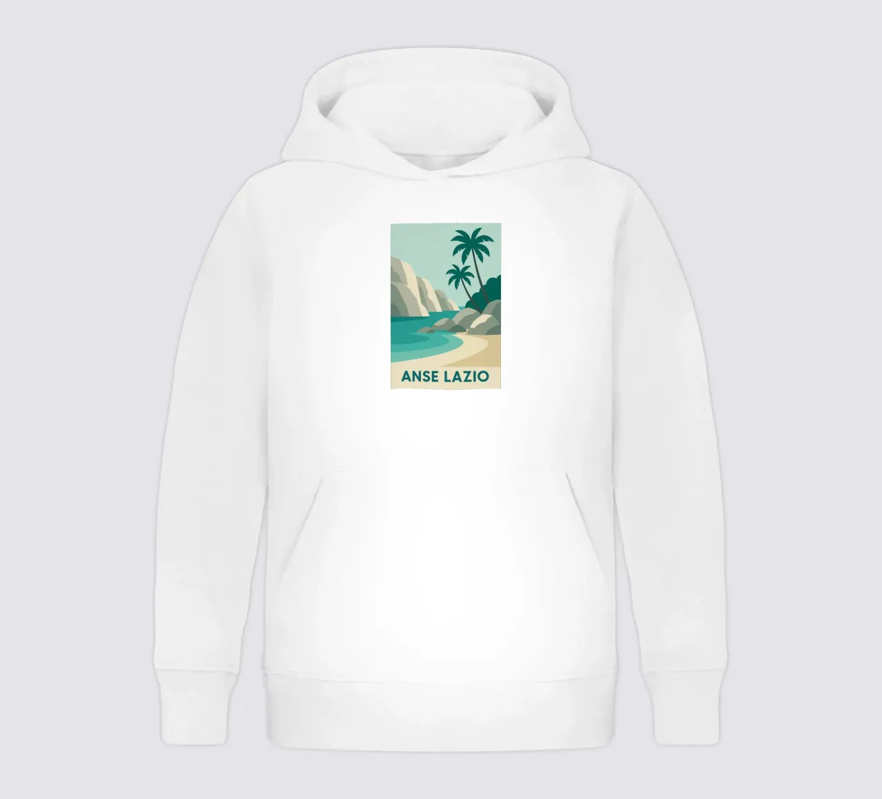 Anse Lazio - Grafica seicellese e colori sublimi felpa bambino con cappuccio da JETLAG | affiches voyage