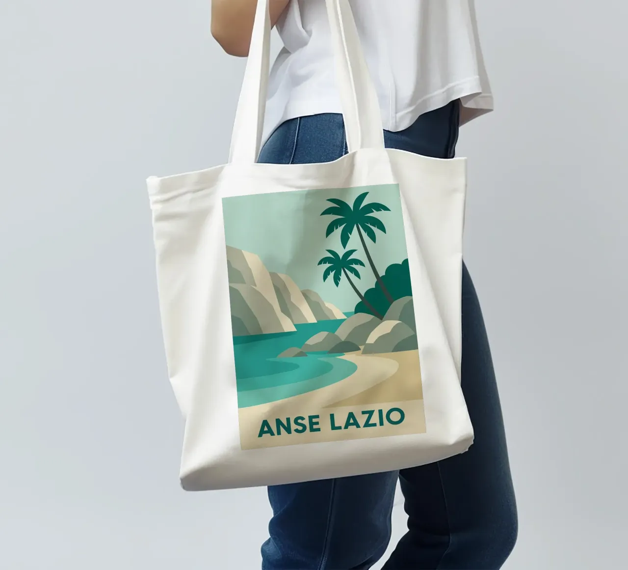 Anse Lazio - Grafica seicellese e colori sublimi borsa in juta da JETLAG | affiches voyage