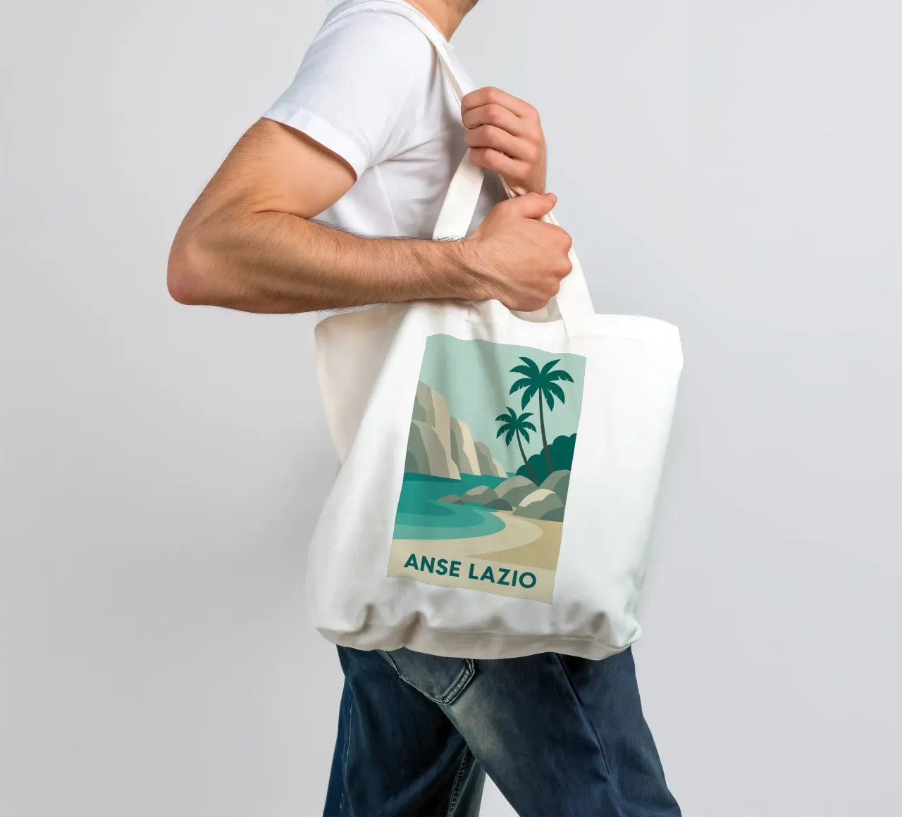 Anse Lazio - Grafica seicellese e colori sublimi borsa in juta da JETLAG | affiches voyage