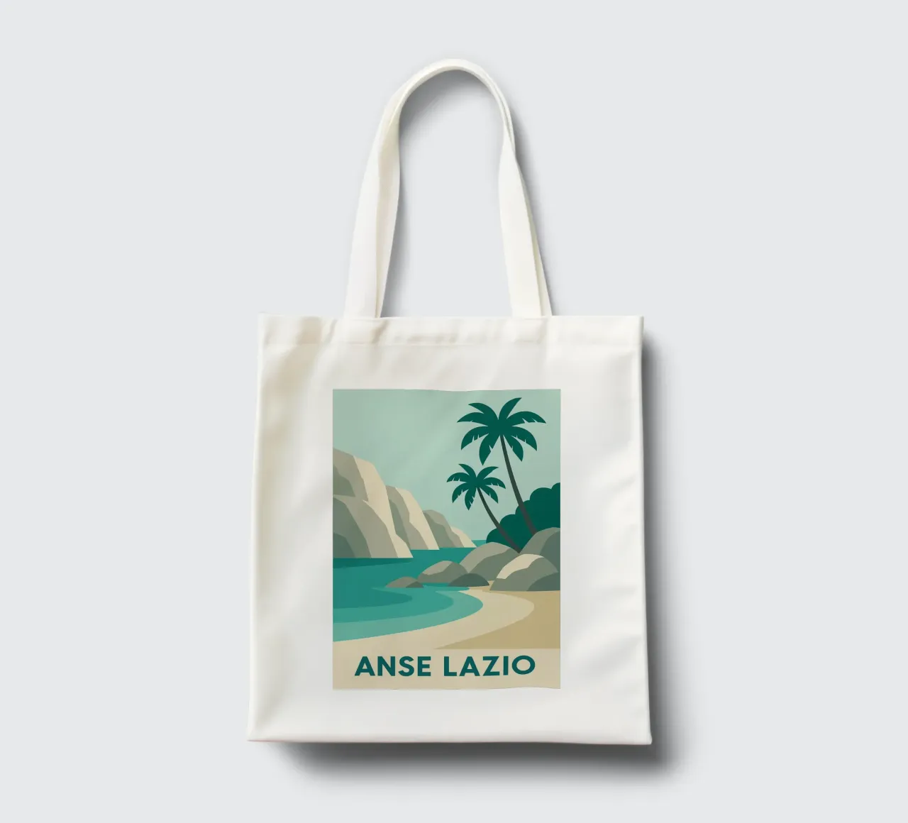 Anse Lazio - Grafica seicellese e colori sublimi borsa in juta da JETLAG | affiches voyage