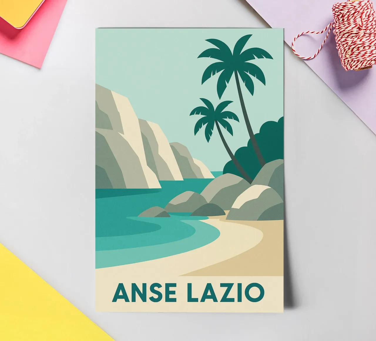Anse Lazio - Grafica seicellese e colori sublimi foglio adesivo da JETLAG | affiches voyage