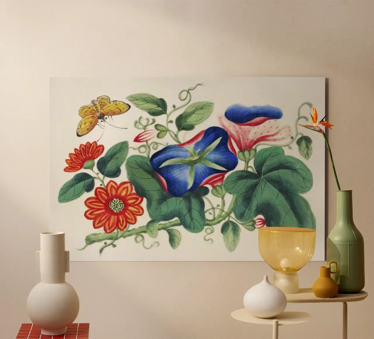 Pittura cinese del XIX secolo con fiori e farfalle alluminio dibond da Venus Art
