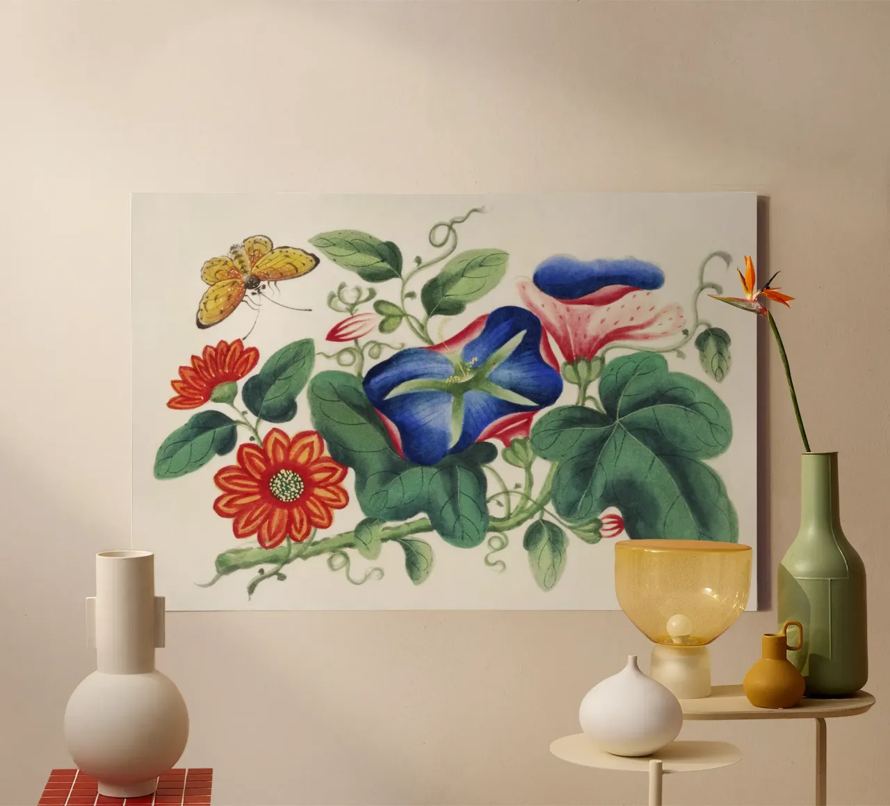 19th-Century Chinese Painting of Flowers and Butterfly canvas by Venus Art