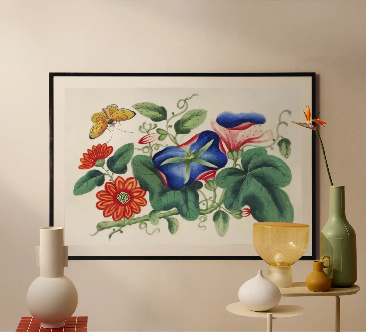 Pittura cinese del XIX secolo con fiori e farfalle carta hahnemühle da Venus Art