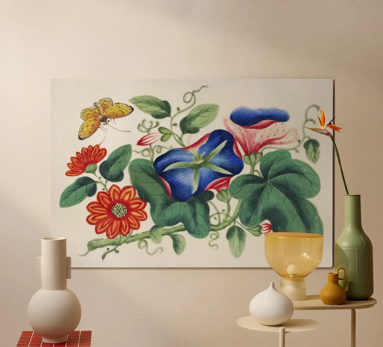 Pittura cinese del XIX secolo con fiori e farfalle carta hahnemühle da Venus Art