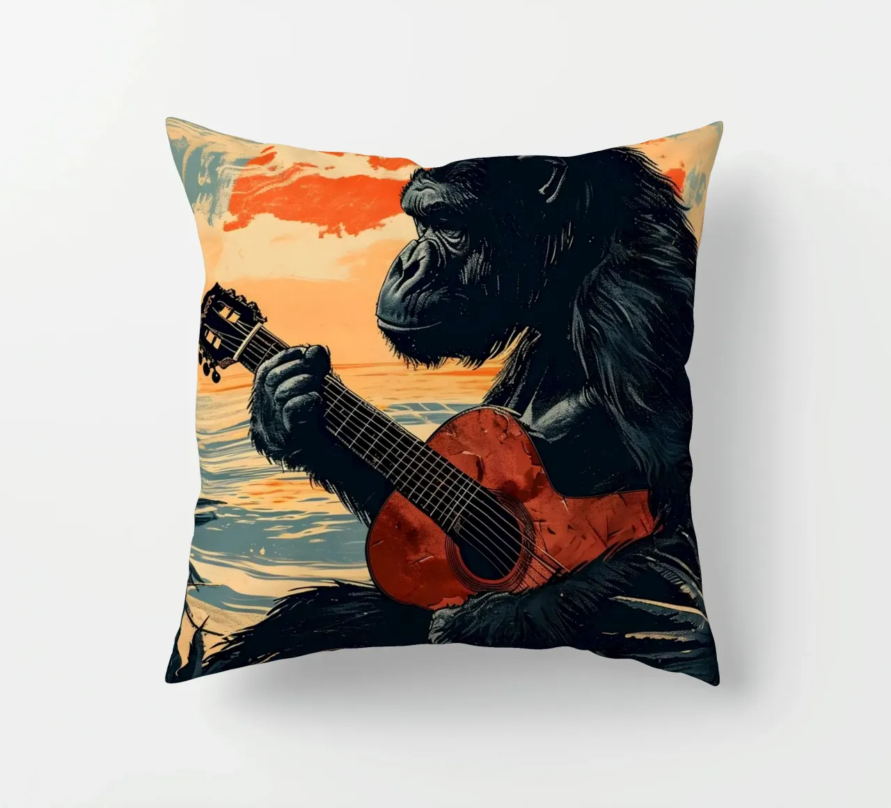 Gorilla spielt Gitarre am Strand cuscino da WILD ART