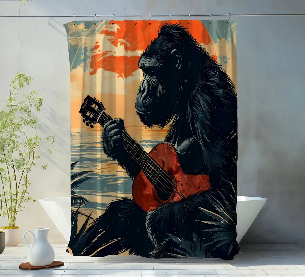 Gorilla spielt Gitarre am Strand shower curtain by WILD ART